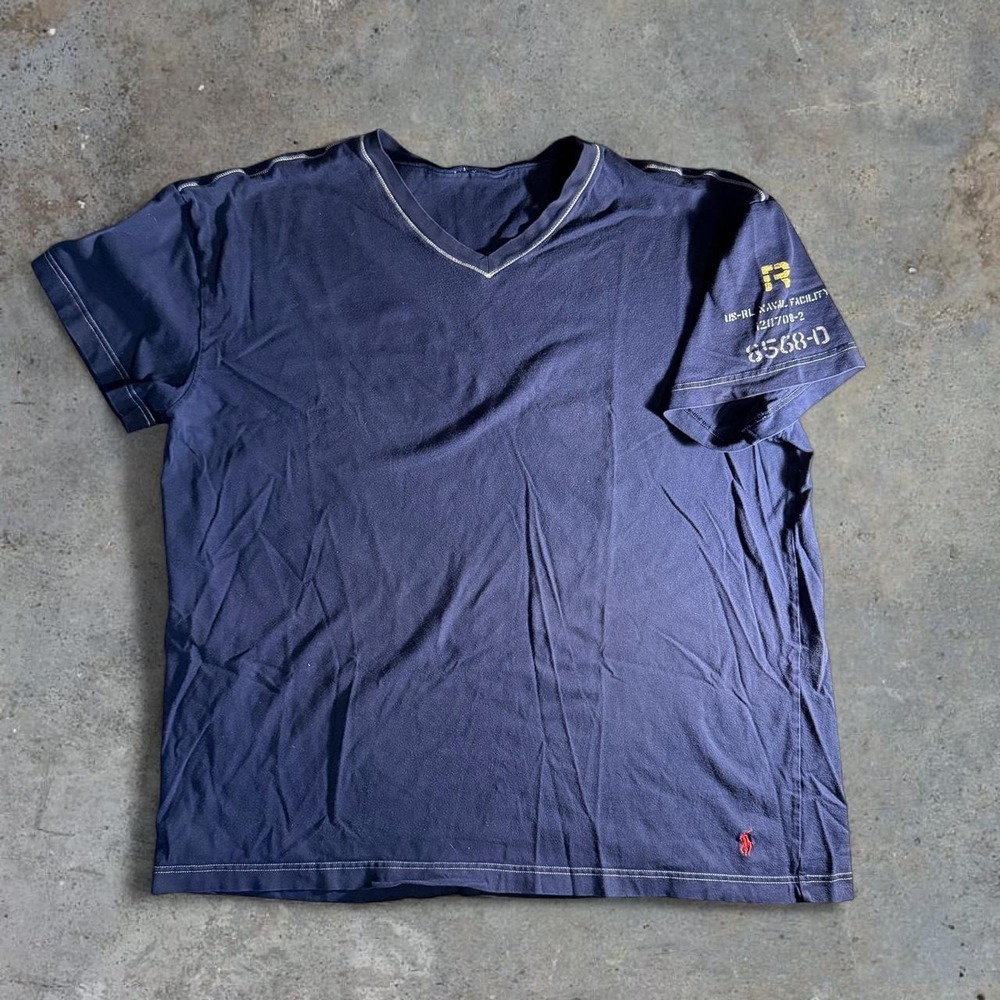 Polo Ralph Lauren Navy V-Neck‎ T-Shirt Embroidered Pony Graphic Tee Size XL